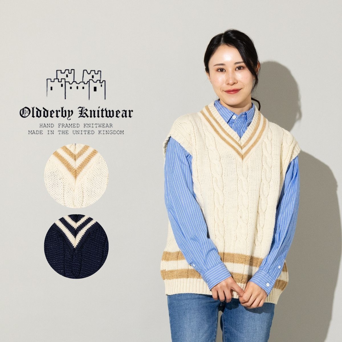 オールドダービー ニットウェア OLDDERBY KNITWEAR ベスト チルデンニット Vネック セーター レディース 秋 冬 ウール 毛 ケーブル編み 厚手 トラッド シンプル イギリス JM1002｜スポーツマリオ