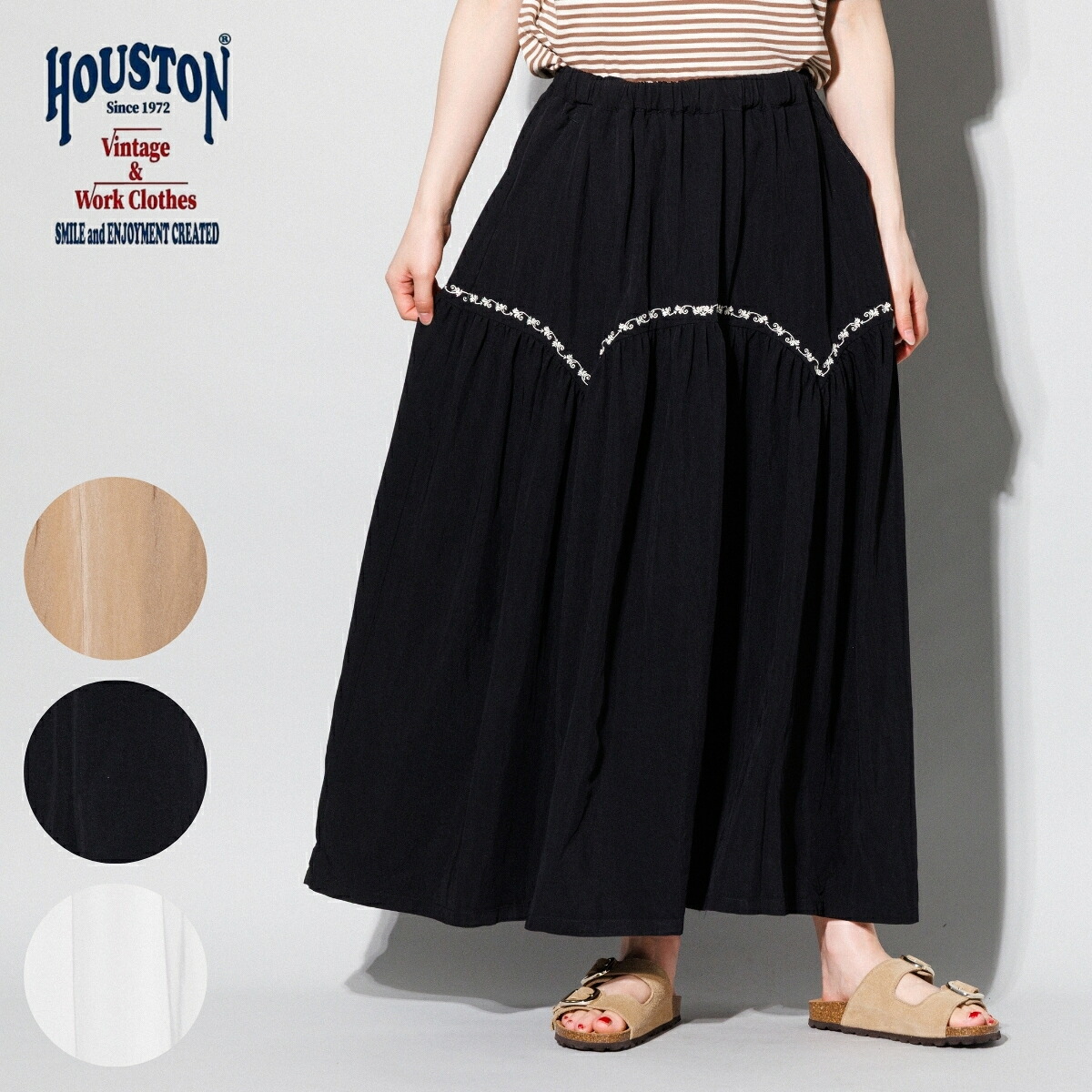 ヒューストン HOUSTON EMBROIDERY WESTERN GATHERED SKIRT 刺繍ウェスタンギャザースカート レディース ロングスカート ウエスタン インナースカート ウエストゴム ポケット 1041W｜スポーツマリオ