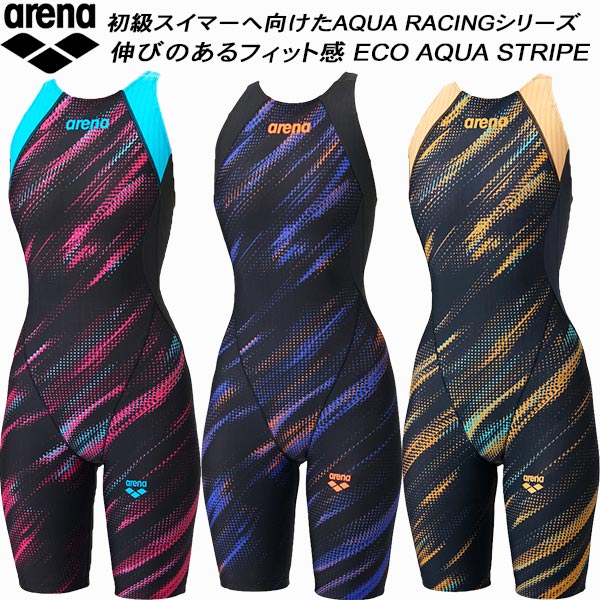 【全品尖んがり2倍+最大限度2000円OFFクーポン券】\u003cBR\u003e競技場 arena レディース 競泳水泳着 WA聞きとどける 二分の一スパッツ 着や同盟罷業さあ美 ECO AQUA STRIPE アクアストライプ AS6SRC78L