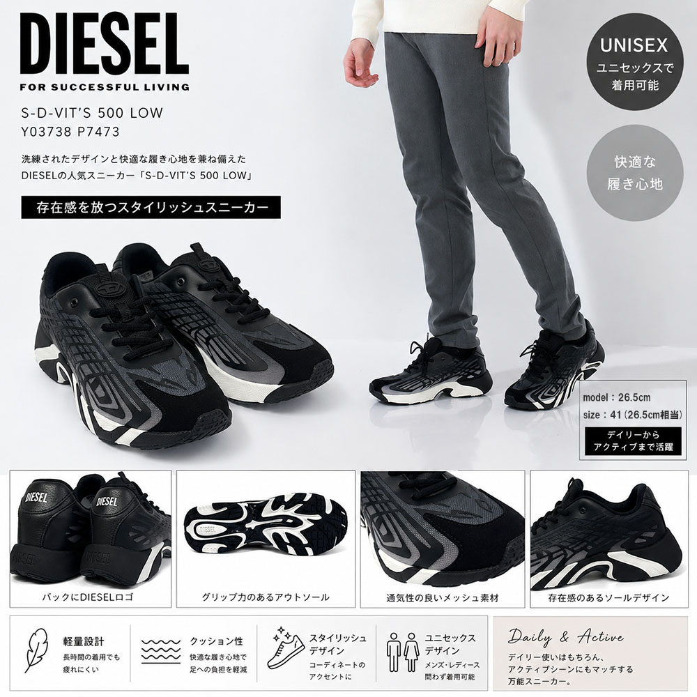 【SUMMER FINAL SALE★全品P5倍&最大15000円ｸｰﾎﾟﾝ!31日迄】DIESEL ディーゼル S-D-VIT'S 500 LOW スニーカー Y03738 P7473 メンズ レディース ユニセックス ダッドスニーカー 厚底 ブラック｜ブランドショップ　リペイ
