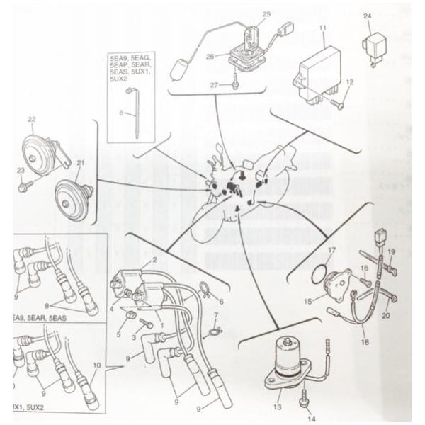 XJR1300(RP01J) プラグキャップ　1台分　図中(9番)　5EA-82370-00 1395K-5EA-82370-00X4｜エスピーエス