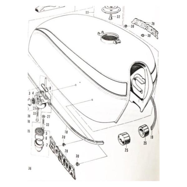 CB750K1　フューエルタンクエンブレム＆ナット　1台分　図中(28番＆29番＆30番)　87121-300-030　87122-300-030　87311-634-600(87311-516-000より品番統一)　 169K87121300030X1-87122300030X1-87311634600X4｜エスピーエス