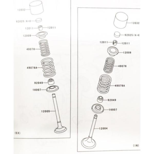 ゼファー1100(ZRT10A)　インテークバルブ＆エキゾーストバルブ＆バルブステムシール　1台分 12004-1107　12005-1179　各4個　92049-016　8個　 242K12004-1107X4-12005-1179X4-92049-016X8｜エスピーエス