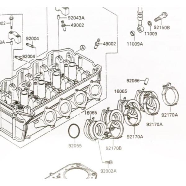 ZZR1100(ZXT10C)　インシュレーター＆Ｏリング　1台分　(インマニ　インテークマニホールド)　図中(16065番＆92055番)　16065-1210　92055-1401　各4個 352K16065-1210X4-92055-1401X4｜エスピーエス