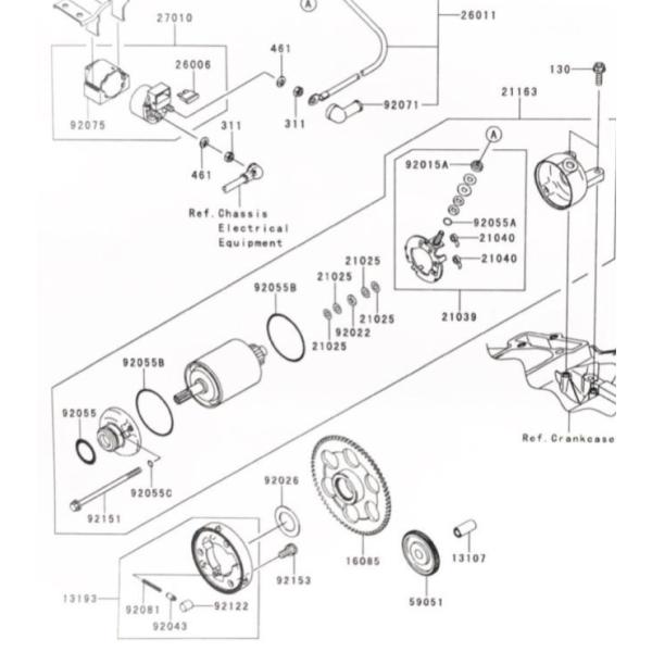 ニンジャ250R(EX250K) セルモーター (スターターモーター スターティングモーター) 図中(21163番) 21163-1317 987K-21163-1317|エスピーエス