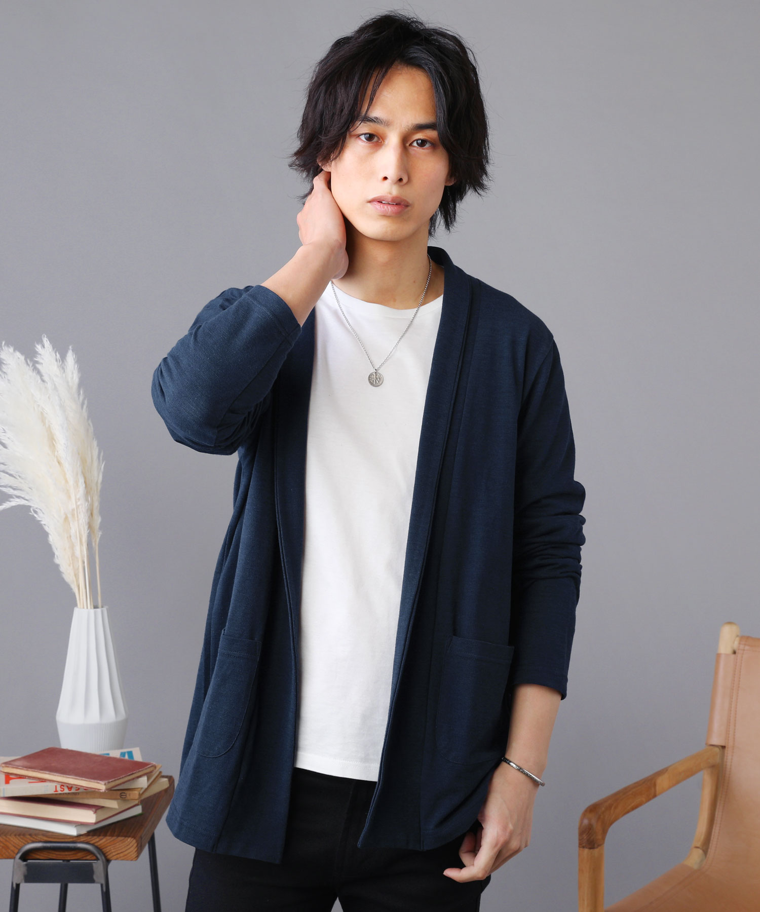 軽やかな鹿の子編みのヴィンテージ調ボタンレスカーデ カーディガン メンズ トップス 春 夏 秋 ガウン 春服 夏服 スリック 日本製 マーブル ビンテージ ヴィンテージ 鹿の子 ボタンレス ショールカラー ガウン ネイビー Slick スリック Sputnicks スプートニクス