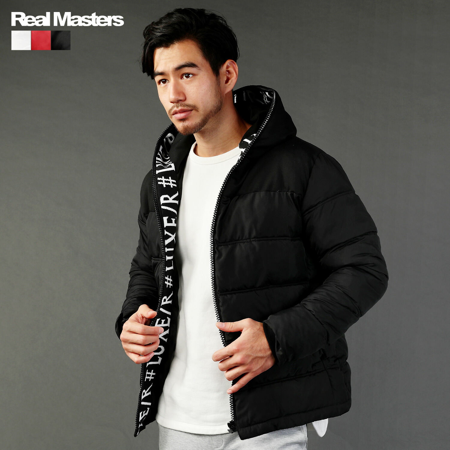 楽天市場 ジャケット アウター メンズ 冬 冬物 ラインストーン フード ロゴテープ 防寒 中綿 ホワイト ブラック レッド M L Xl Real Masters リアルマスターズ Sputnicks スプートニクス