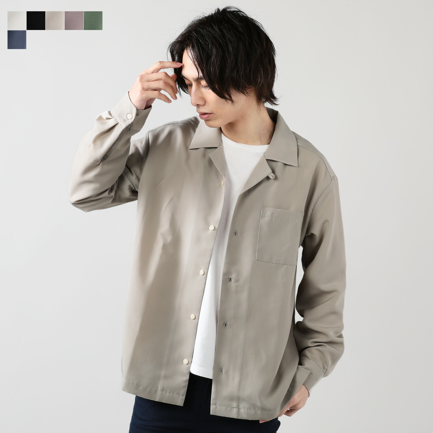 【楽天市場】オープンカラーシャツ メンズ オープンカラー シャツ 長袖 M L ホワイト ブラック グレージュ モカ グリーン サックス 春