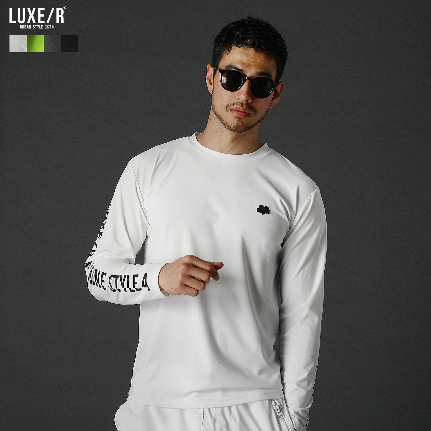 【セットアップ対応】 カットソー トップス メンズ 夏 春 夏服 春服 コンプレッション 長袖 ナイロン 通気性 速乾 クルーネック ストレッチ ゴルフ ラバープリント 蛍光 ネオンカラーL 45376画像