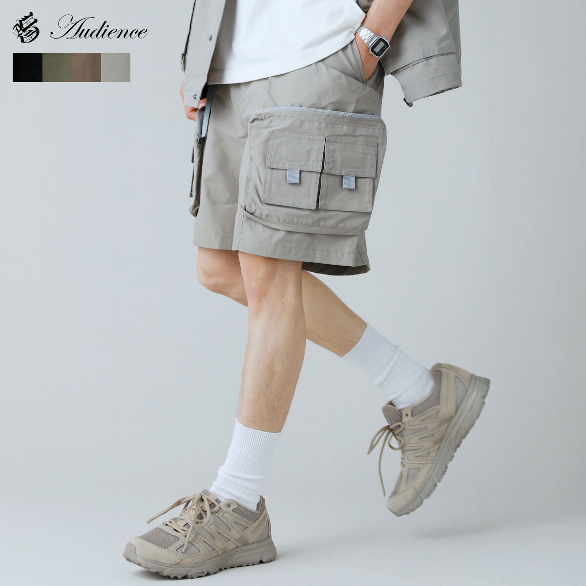 【セットアップ対応】 カーゴパンツ ショーツ ハーフショーツ ハーフパンツ ワイドパンツ ボトムス メンズ 夏 夏服 撥水 撥油 防汚 テフロン 60/40クロス 綿 ナイロン ゴムウエスト テープベルト バックル 大容量 アウトドア M L Audience オーディエンス AUD3541
