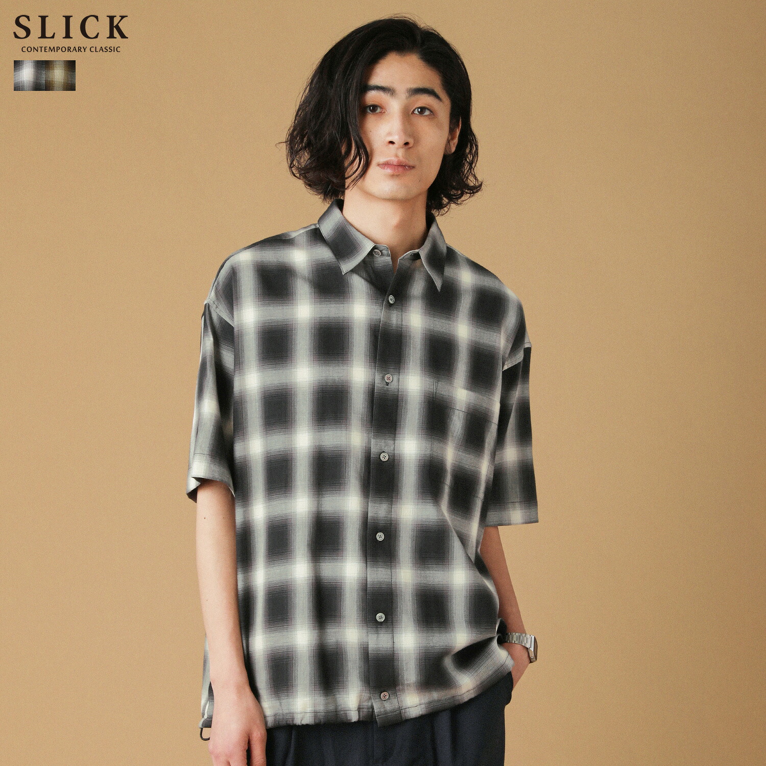 シャツ チェックシャツ レギュラーカラーシャツ メンズ 春 夏 半袖 5分袖 オンブレチェック ドローコード 綿100 通気性 吸湿性 ブラック ブラウン M L 5220105 8,470円