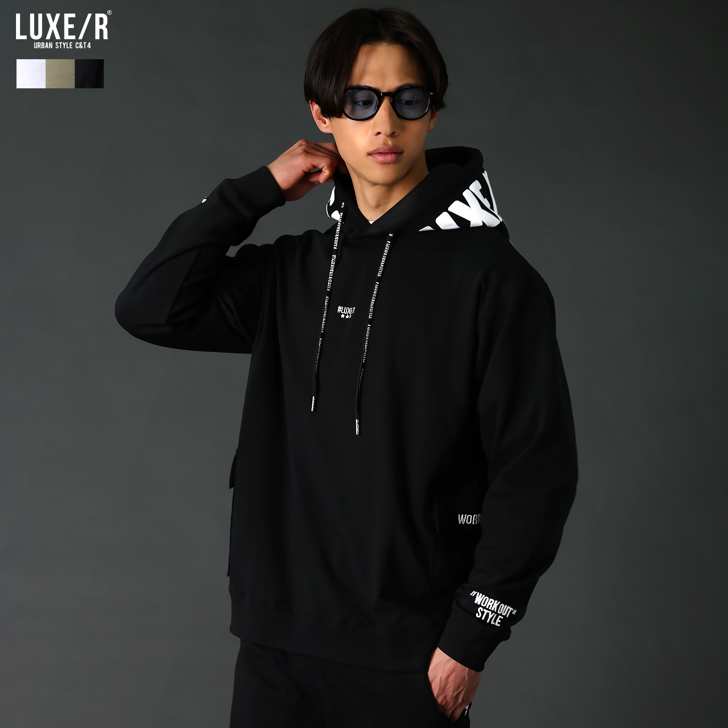 【セットアップ対応】 ゴルフウェア メンズ パーカー フーディ プルオーバー トップス オールシーズン 春 春服 カーゴポケット ロゴ 刺繍 ダンボールニット 長袖 ストレッチ ゴルフ ジム ベージュ ホワイト ブラック トレーニング M L XL LL 46244