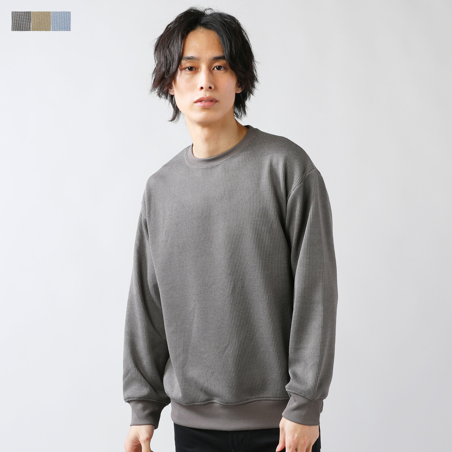 楽天市場 カットソー ニット スウェット トレーナー トップス 春 春服 メンズ メンズファッション クルーネック 長袖 畔編み ニットソー グレー ベージュ サックス M L Ll Sputnicks スプートニクス