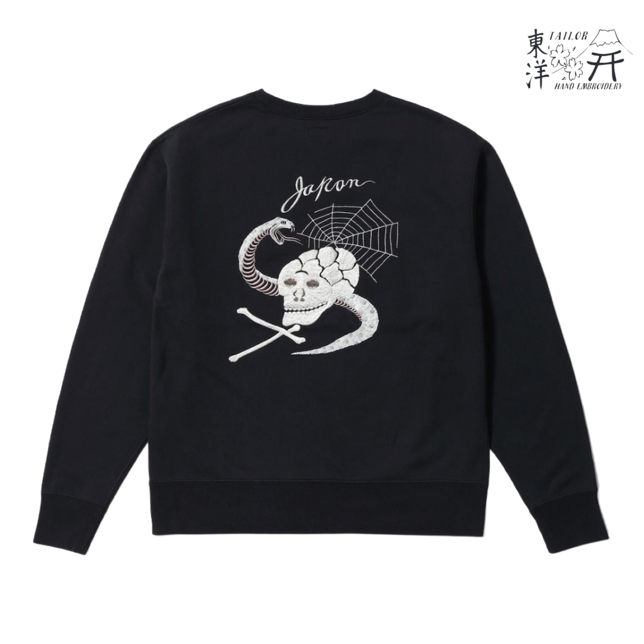 TAILOR TOYO (仕立て屋オリエント) SUKA CREW SWEAT EMBROIDERED “SKULL \u0026 SNAKE” [TT69650] 流汗 綿織物 スカジャン 刺しゅう 野ざらし スカル 蛇 アメカジ メンズ 貨物輸送無料 119) BLACK