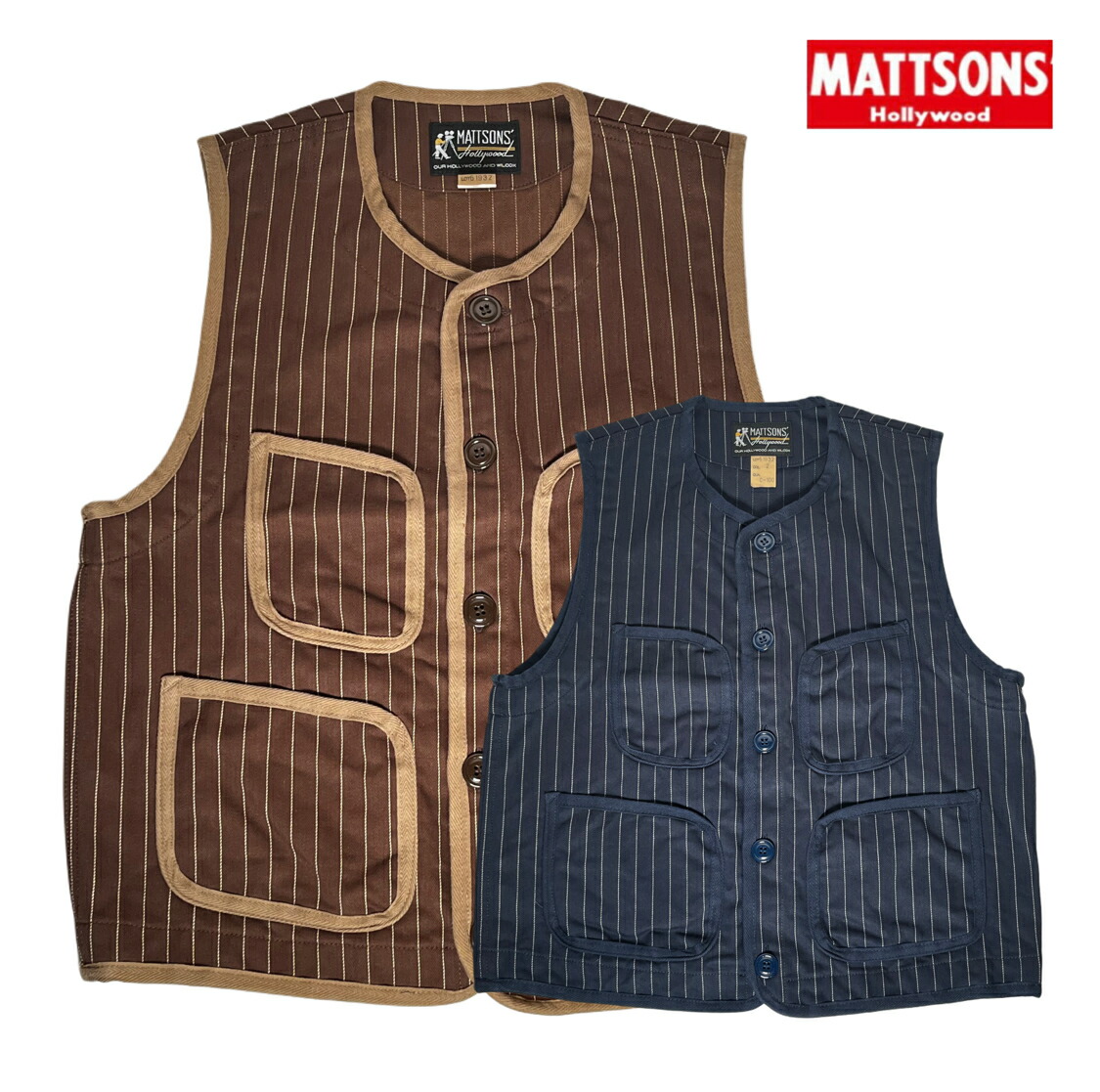 【当店オススメ】MATTSONS` (マットソンズ) HERRINGBONE STRIPE VEST [#61932] 細工物より良い 杉綾模様 ツイル 縞模様 綿織物 アメカジ メンズ 日本製 貨物輸送無料 NAVY-BROWN