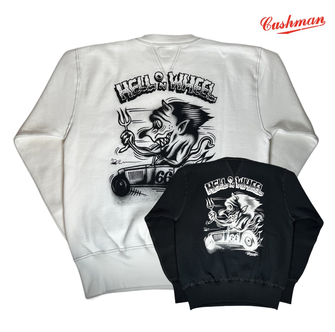 CUSHMAN (クッシュマン) PRINT SET IN SLEEVE HELL on WHEEL [26901P] 流汗 綿織物 吊り編み 国産 丸胴 両V ガゼット アメカジ メンズ 日本製 貨物輸送無料