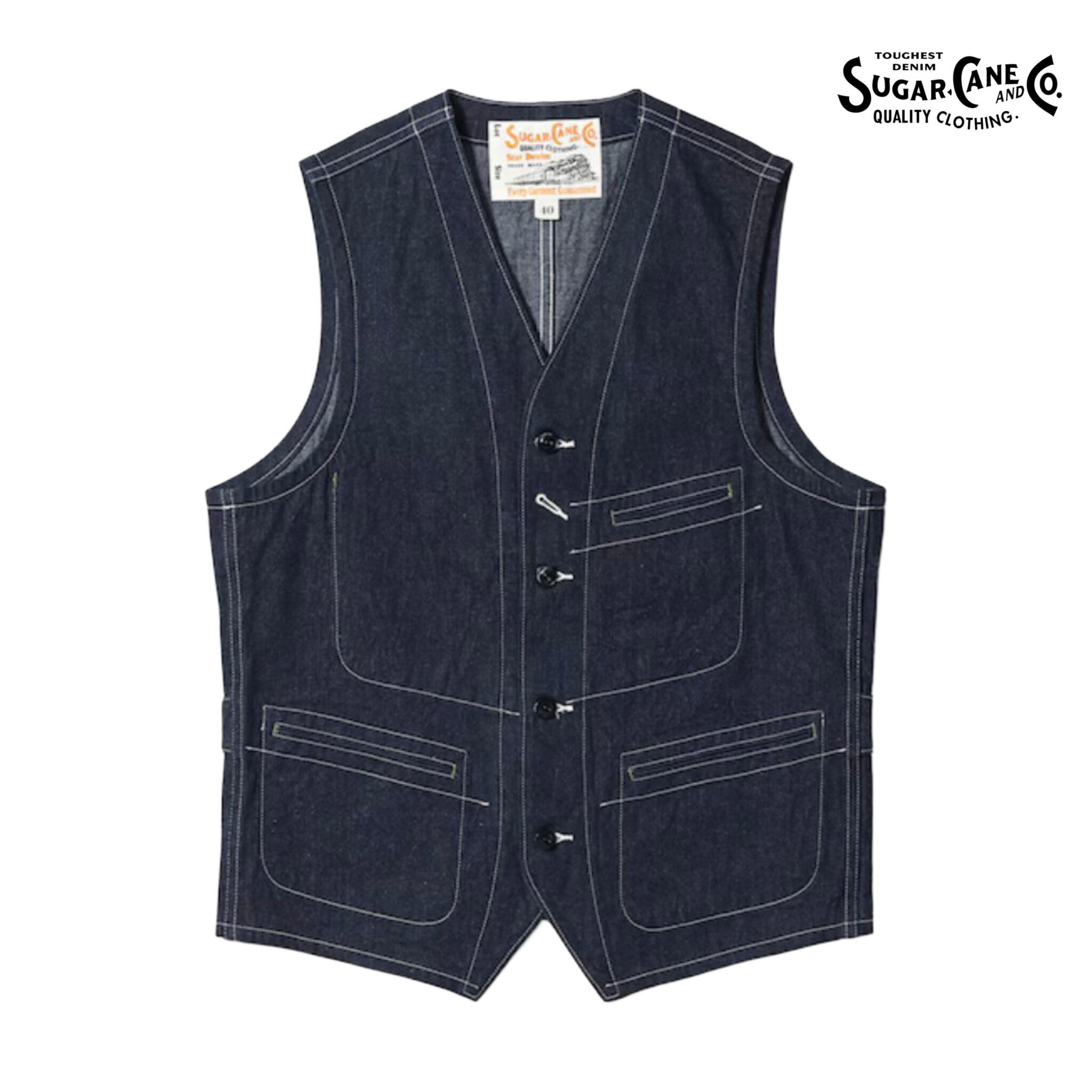 【売れ筋】SUGAR CANE (シュガーケーン) 11oz. BLUE DENIM WORK VEST [SC15702] ワーク ベスト デニム コットン アメカジ メンズ 日本製 送料無料｜SPURS 店