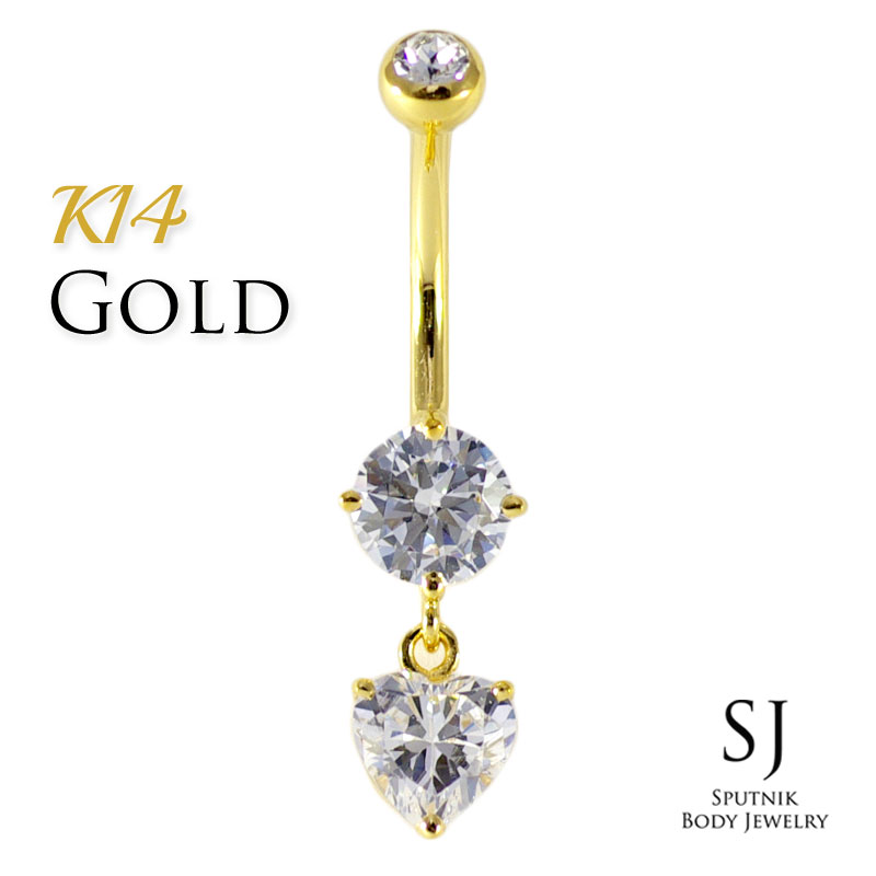 へそピアス 14K ハンギングハート チャーム ハート ボディピアス 14G