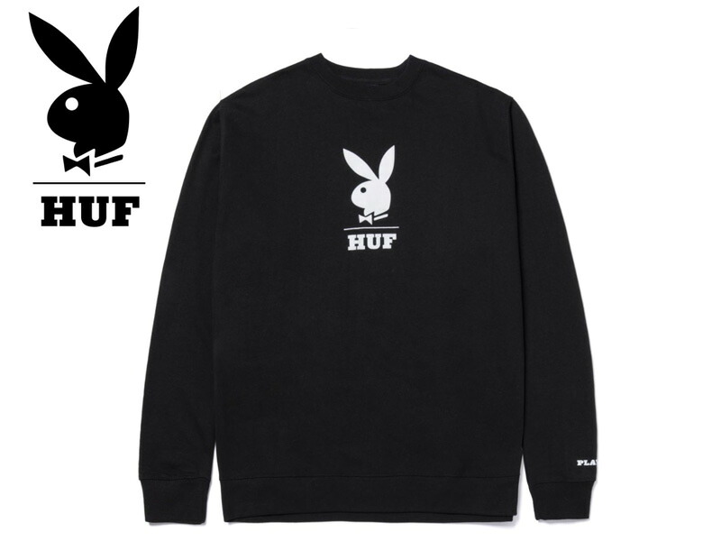 ☆HUF×PLAYBOY【ハフ×プレイボーイ】LOGO CREWNECK BLACK クルーネック ブラック 19068 [スケボー スケートボード メンズ レディース]