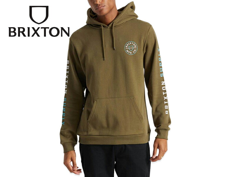 BRIXTON【ブリクス英トン】CREST HOOD MILITARY OLIVE/TEAL/WHITE パーカー ミリタリー/オリーブ/白いこと 20066 [フーディー SKATE スケボー]
