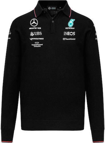 ★貨物輸送無料★Mercedes AMG F1 Knitted Long Sleeve Polo ベンツ ロング衣袂 スポーツシャツ 長袖 黒いこと