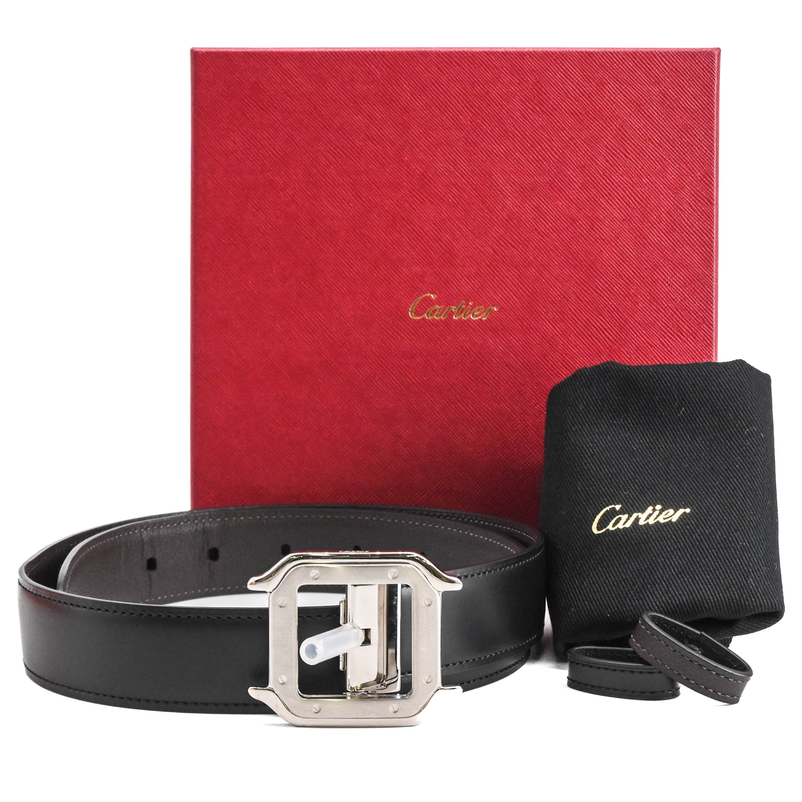 【お割り引き】【美品】Cartier カルティエ サントス ドゥ カルティエ リヴァーシブル  胴締め なめし革 赤銅色 黒いこと 黒 茶 CRL5000595
