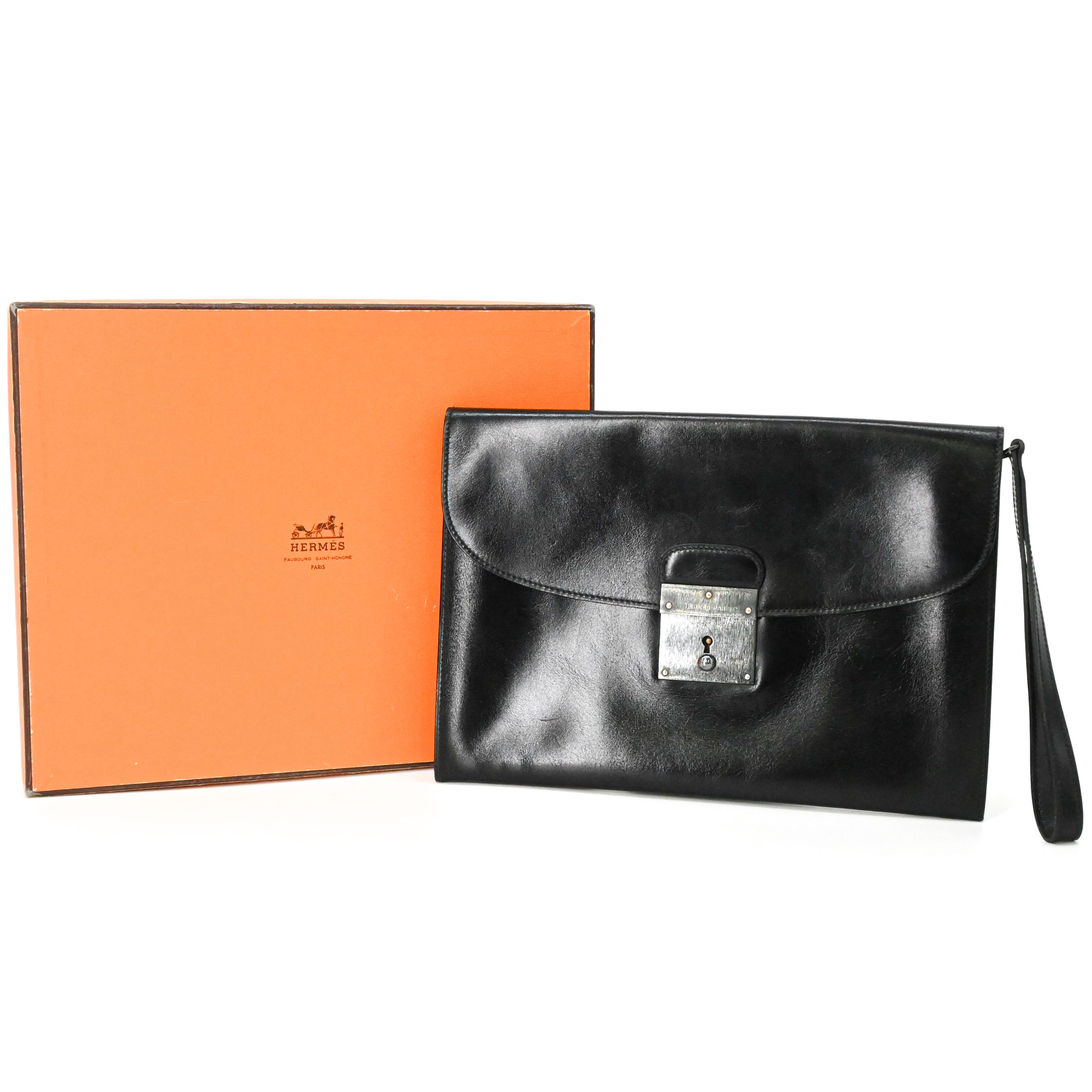 HERMES エルメス キリウス  二番目御徒面子 クラッチペダル御徒面子 商行為 書きもの袋 黒いこと 黒 なめし革 〇Q目じるし