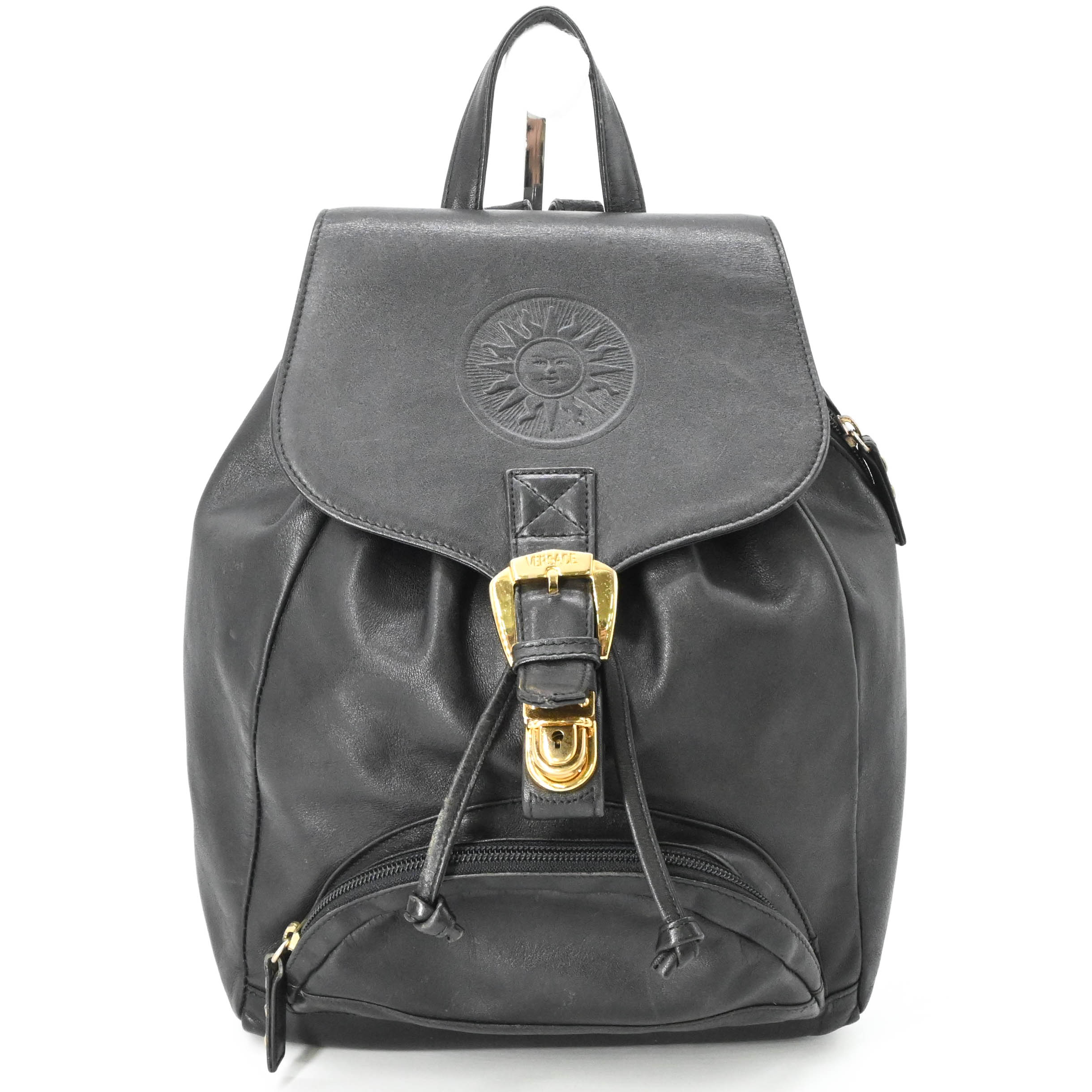 VERSACE ヴェルサーチ サンバースト バックパック リュック 太陽ロゴ レザー ブラック 黒