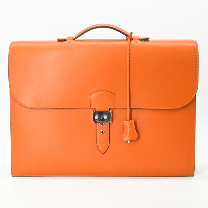 【美品】HERMES エルメス サックアデペッシュ 41 書きもの 商行為御徒面子 ブリーフ容れもの BOX子ウシ オレンジ色   #□H