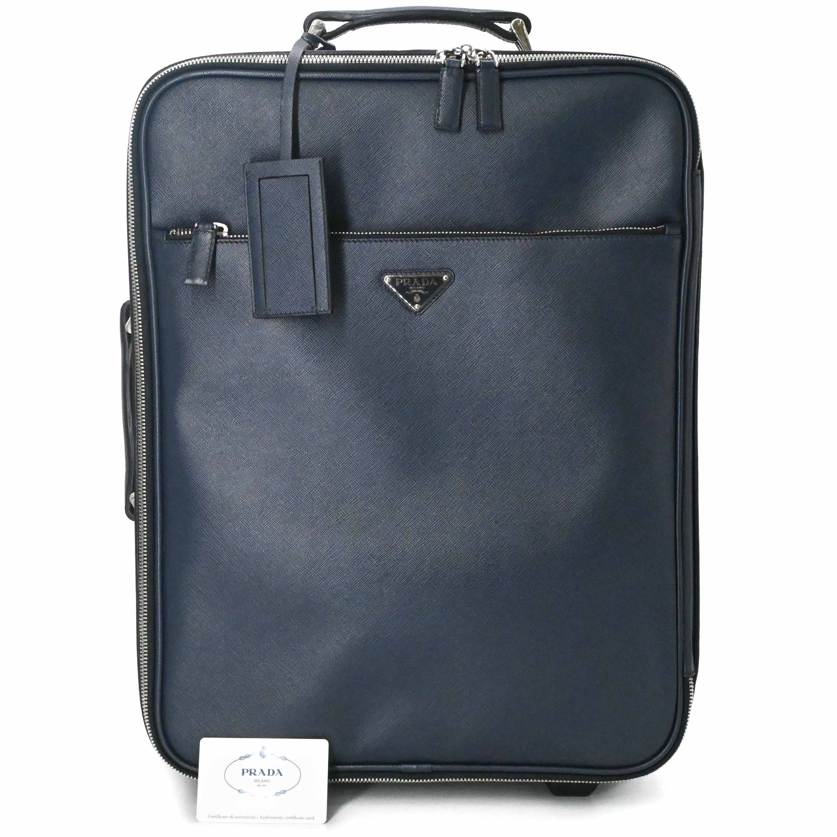 【美品】PRADA プラダ サフィアーノ レザー キャリーケース トラベル 旅行鞄 スーツケース 三角ロゴ ネイビー 青 VV030M 白タグ有｜ブランド買取販売SRC