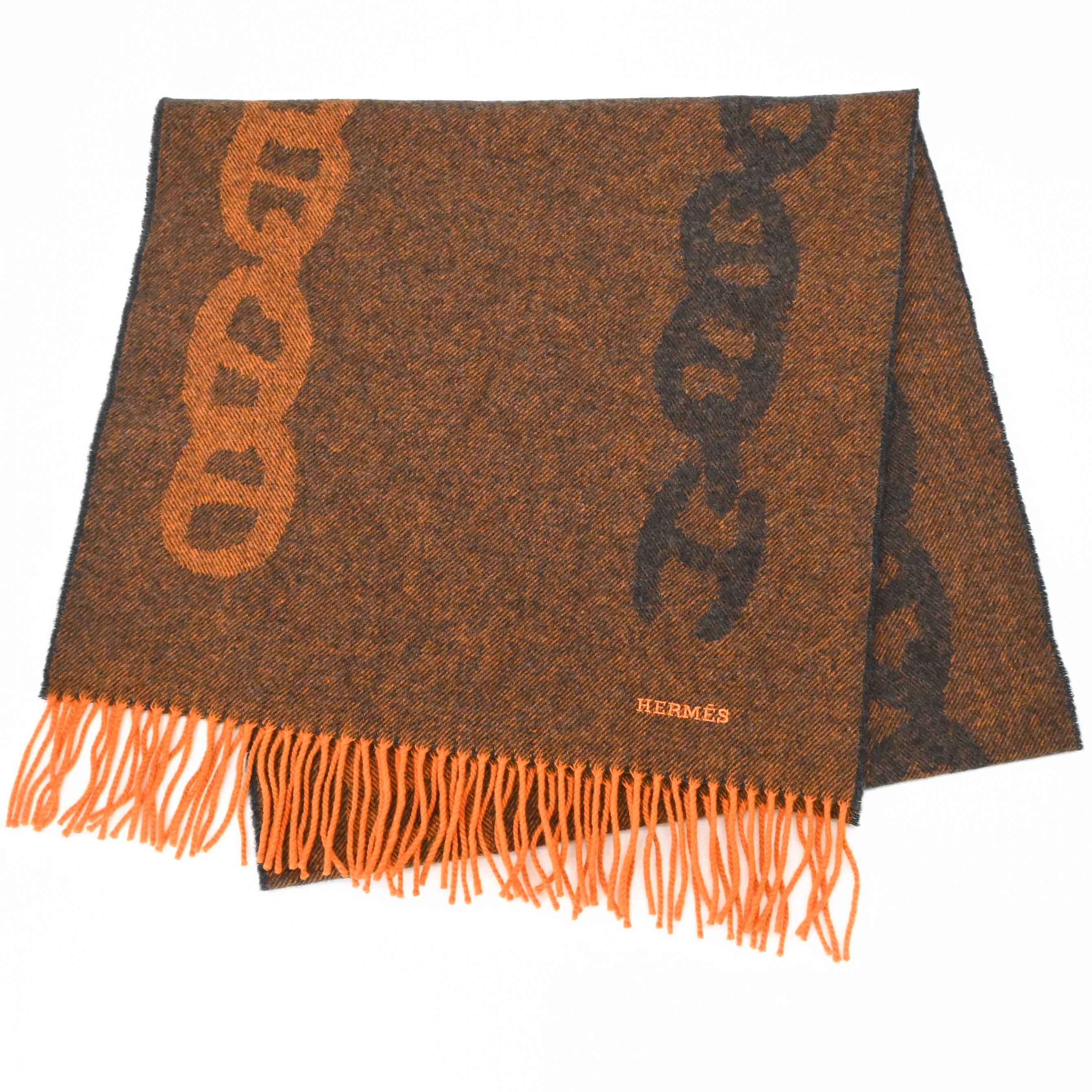 【美品】HERMES エルメス シェーヌダンクル クレイジーチェーン 消音装置 袈裟 カシミール100％ レディース 赤銅色 茶 オレンジ色