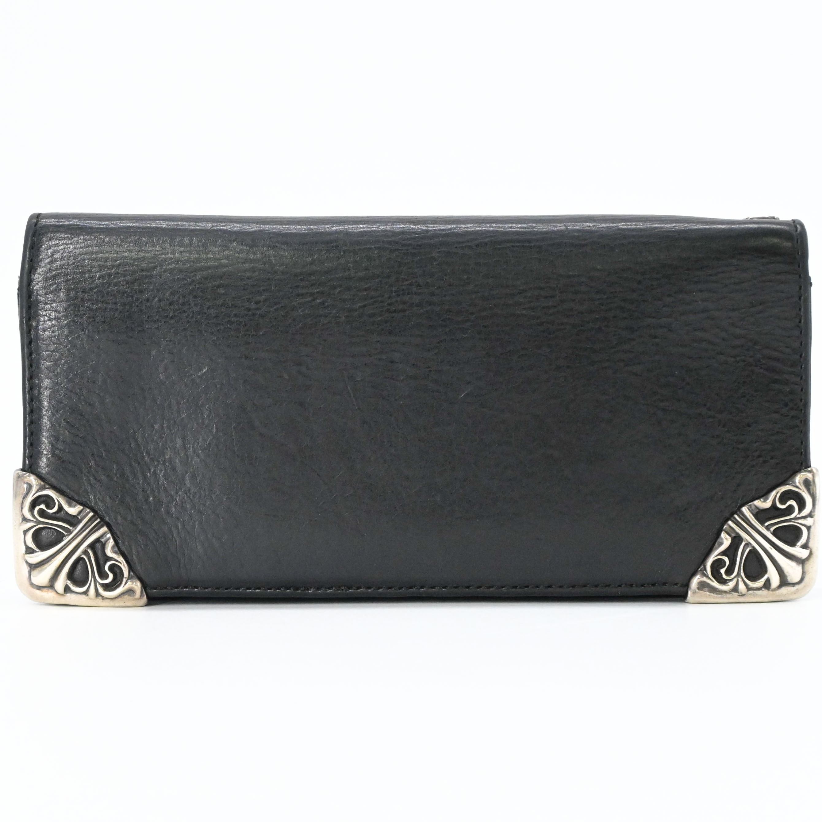 【美品】Chrome Hearts クロムハーツ シングルフォールド スクロール下げ札 長銭入れ 二つ折り銭入れ なめし革 黒いこと 黒いこと 黒