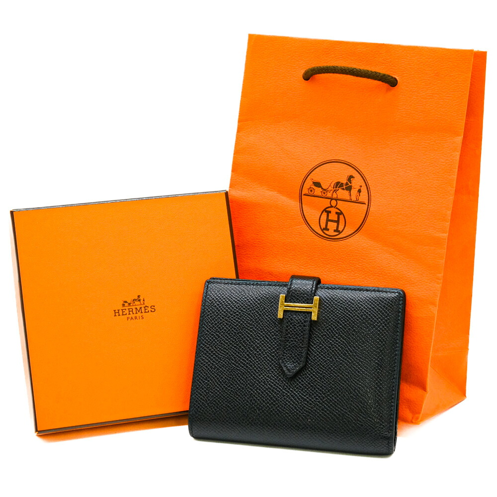 【お値引き】HERMES エルメス べアン コンパクト ウォレット 二つ折り財布 ヴォーエプソン レザー ゴールド ブラック 黒 #Z