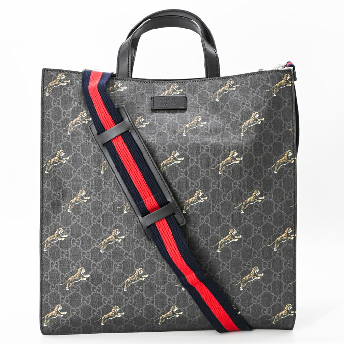 【美品】GUCCI グッチ GGスプリーム タイガー ウェブライン 2way トートバッグ ショルダーバッグ 斜め掛け PVC ブラック 495559