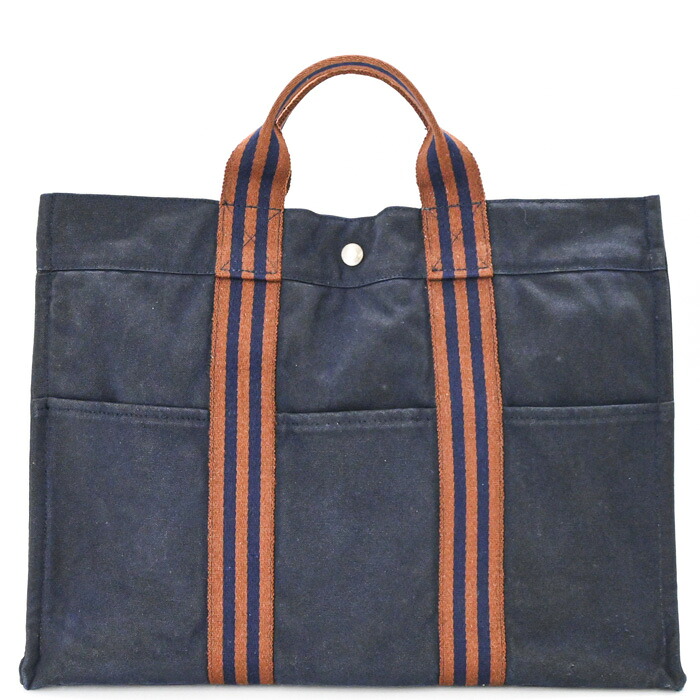 【お値引き】HERMES エルメス ニューフールトゥ トートMM ハンドバッグ ハーフレザー レザー ネイビー ブラウン キャンバス レディース メンズ｜ブランド買取販売SRC２号店 10,089円