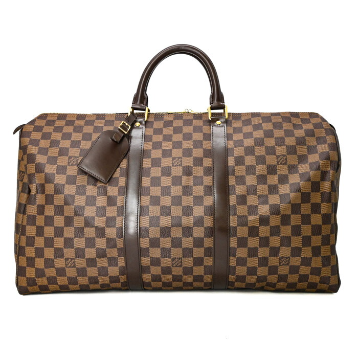 【美品】LOUIS VUITTON ルイヴィトン キーポル 50 ボストンバッグ ダミエ 赤銅色 なめし革 旅する鞄 M41427 名まえ下げ札付き添い人