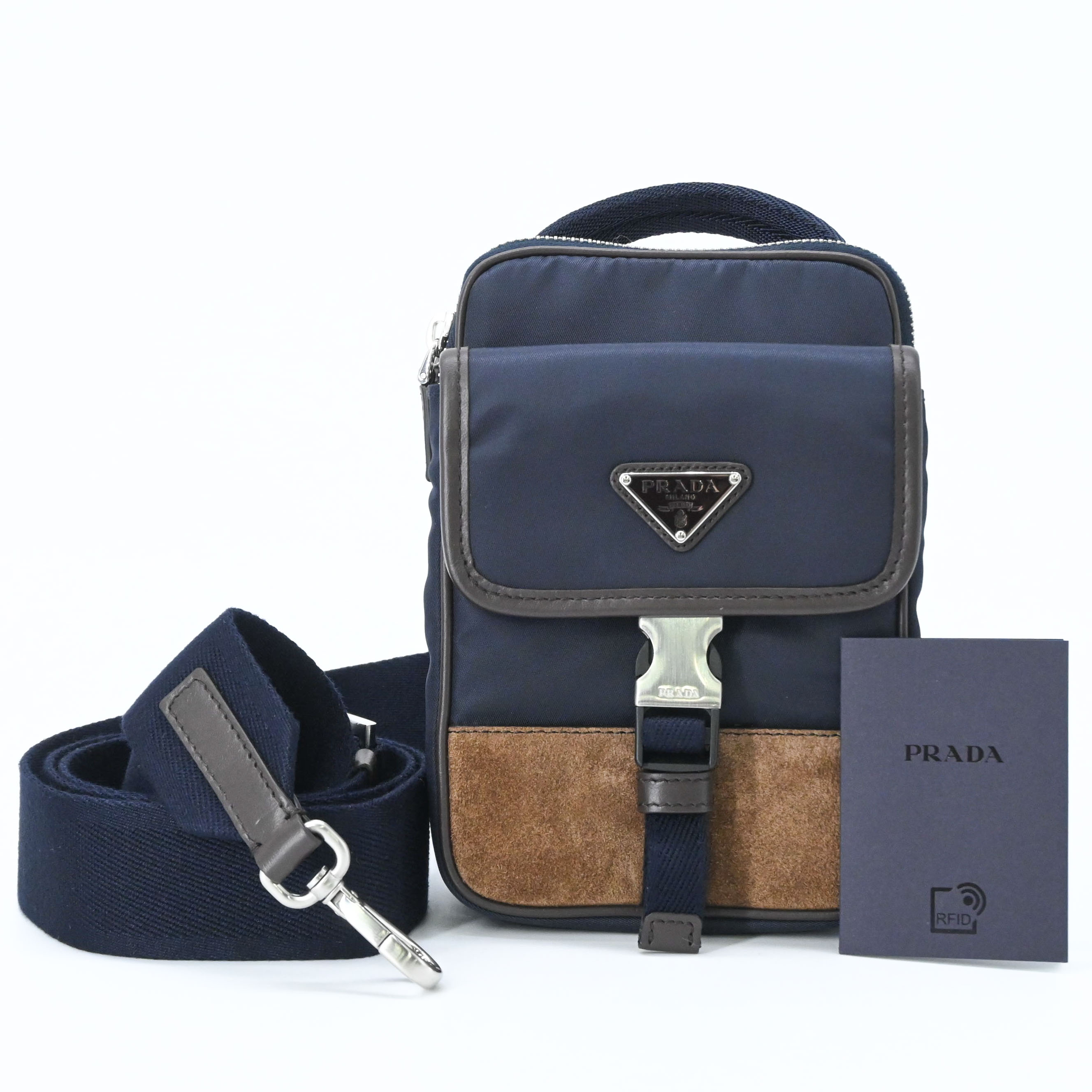 【未当て嵌める品】PRADA プラダ スエードクロス Reナイロン ショルダーバッグ 肩かけ ３角形 米国海軍 青 赤銅色 茶 集積回路手当て