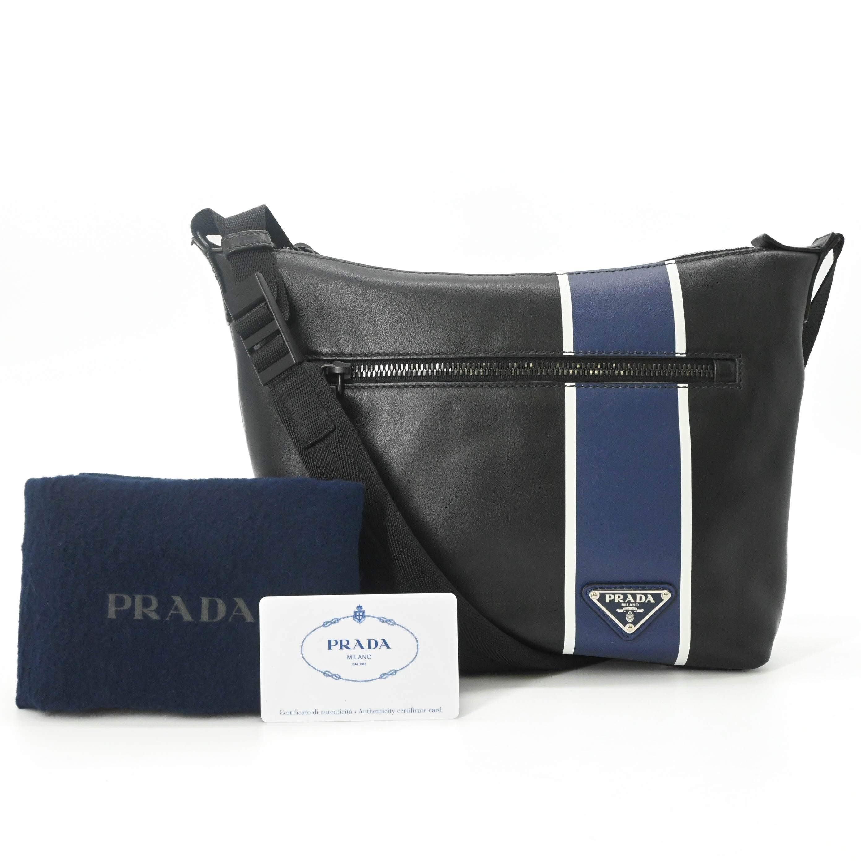 【未当てはめる品】PRADA プラダ ショルダーバッグ なめし革 三角形ロゴタイプ 黒 黒いこと 青碧 青 2VH078
