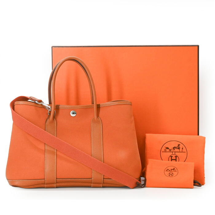 HERMES エルメス ガーデンパーティ 30 TPM ハンドバッグ トート レザー キャンバス ネゴンダ オレンジ ブラウン シルバー金具 ストラップ付 #□I|ブランド買取販売SRC2号店
