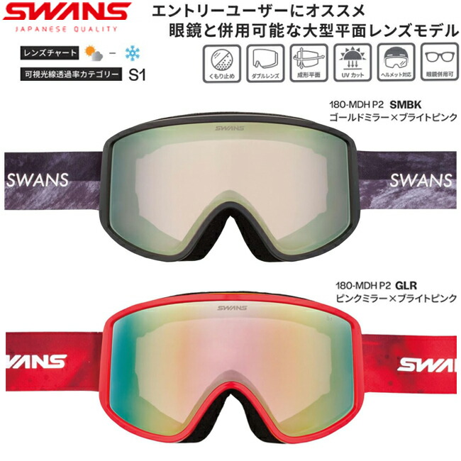 【店内ポイント2倍!4/17 9時59分まで】SWANS スワンズ スノーゴーグル ダブルレンズ ゴーグル SWANS ヘルメット対応 メガネ対応 平面レンズ エントリーモデル くもり止めレンズ スキー スノーボード【180-MDH P2】