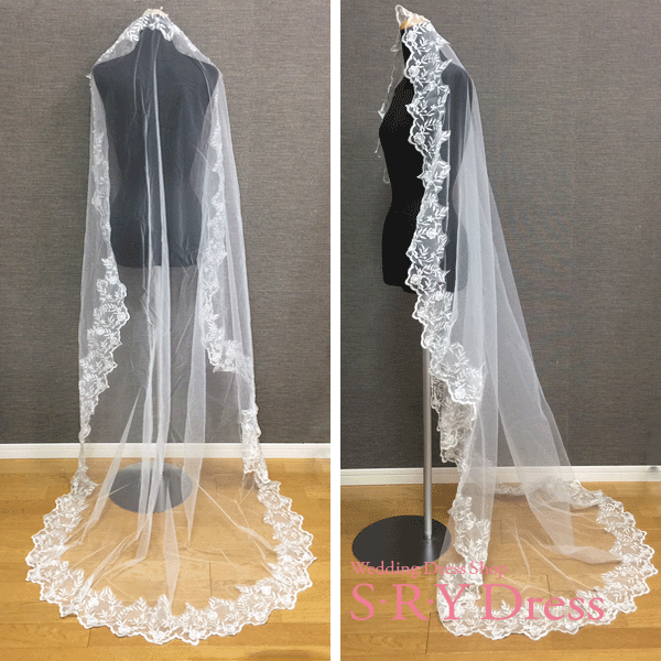 ウェディングベール ロング ヴェール Veil 横150×長190cm 単層 マリアベール ミトル丈 ロングベール 豪華レース 刺しゅう 柔らかい上質チュール ホワイト オフホワイト