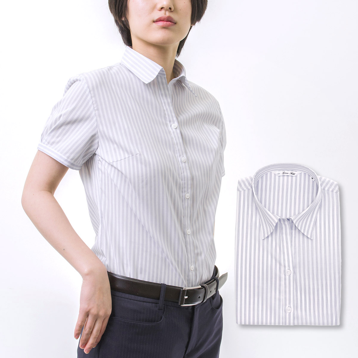 楽天市場 Grace Field レディース 半袖 シャツ ブラウス 形態安定 スリムフィット スキッパーカラー グレー 女性 7号 13号 ビジネス オフィス 新生活 フォーマル 事務服 制服 Ol 清潔感 きれいめ お仕事コーデ おしゃれ シンプル 0622ss シャツステーション