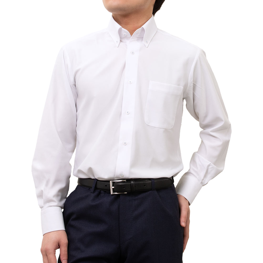 メンズ ワイシャツ ノンアイロン 長袖 ホワイト ストレッチ 形態安定 ボタンダウン レギュラーフィット ニットシャツ 吸汗速乾 ビジネス IFMC. イフミック 血行促進 裄詰め不可 DF2604