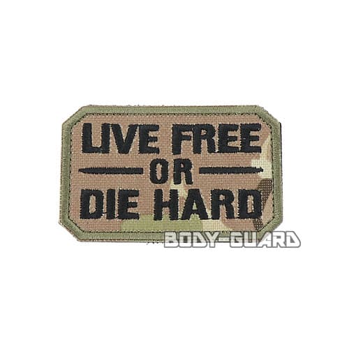 LIVE FREE OR DIE HARD ワッペン CP迷彩 ブラック 迷彩柄 マジックテープ式 サバゲー サバイバルゲーム コスプレ ファッション アイテム ミリタリー 刺繍 四角 長方形 飾り 装飾 簡単 取り外し 大人 アルファベット カモフラージュ カモ柄【ゆうパケット送料無料】画像