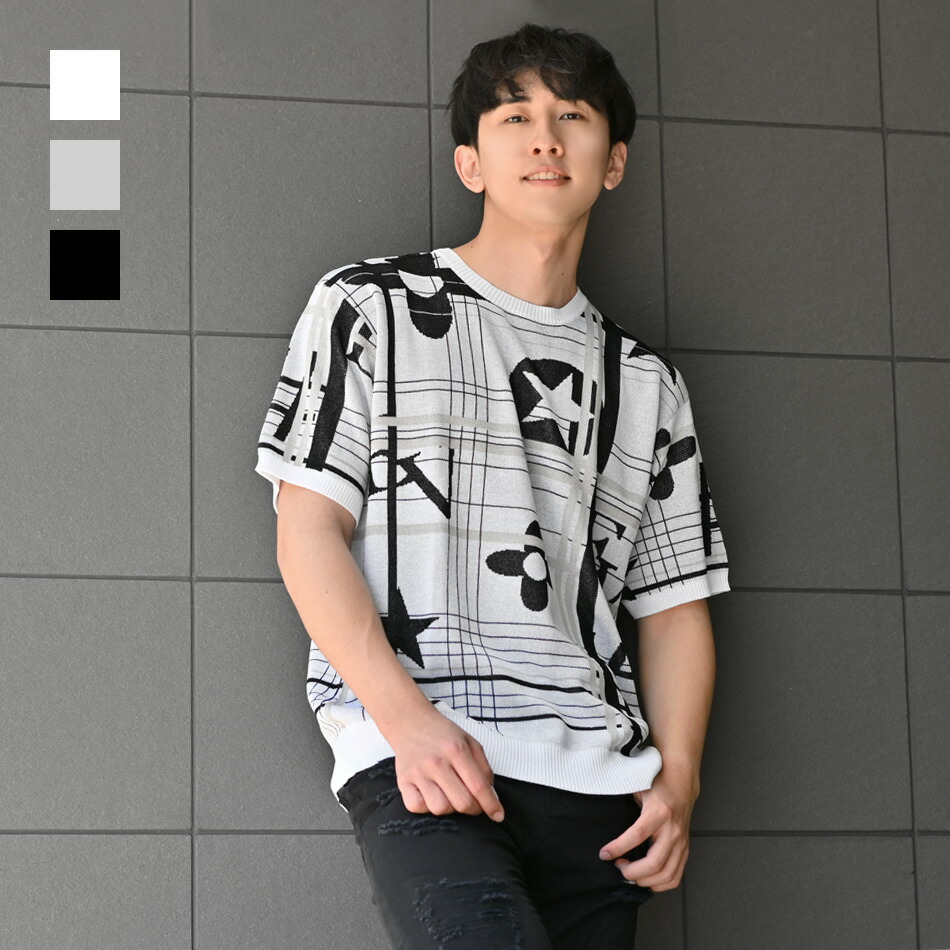 サマーニット メンズ ニットTシャツ 半袖 ストレッチ ミドルゲージ ジャガード ロゴ 春夏秋 韓国系 韓国ファッション モード系 サーフ系 オラオラ系 ビター系 カジュアル 白 黒 ホワイト グレー ブラック ロゴ ジャガード M L XL LL 2L