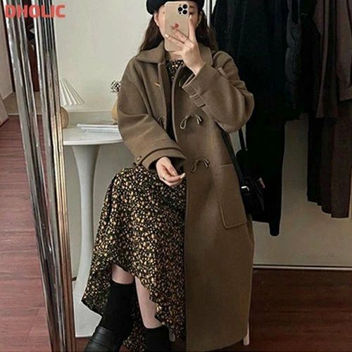 冬 秋 お出かけ ガーリー ベーシック フェミニン ゆったり 厚手 無地 カラー襟 ロングコート コート アウター 韓国ファッション