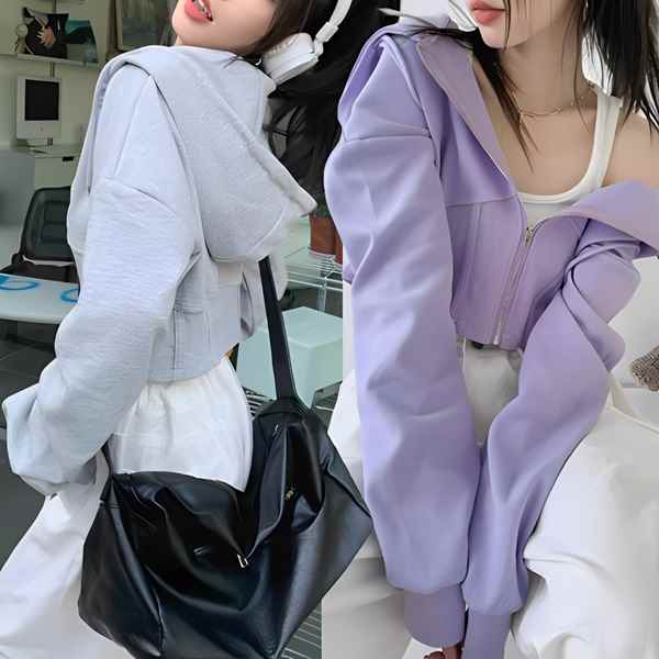 2色展開 レディース トップス ニット パーカー スウェット ジャージ アウター ショート 長袖 フード ストレート ストリート ファスナー ハイウエスト 前開き ドロスト リブニット 伸縮性 かわいい 大人可愛い カジュアル おしゃれ かっこいい ラフ ルーズ キュート