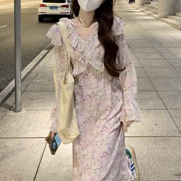レディース ワンピース ドレス フレアスカート ロングスカート 膝下 ミモレ 長袖 フリル袖