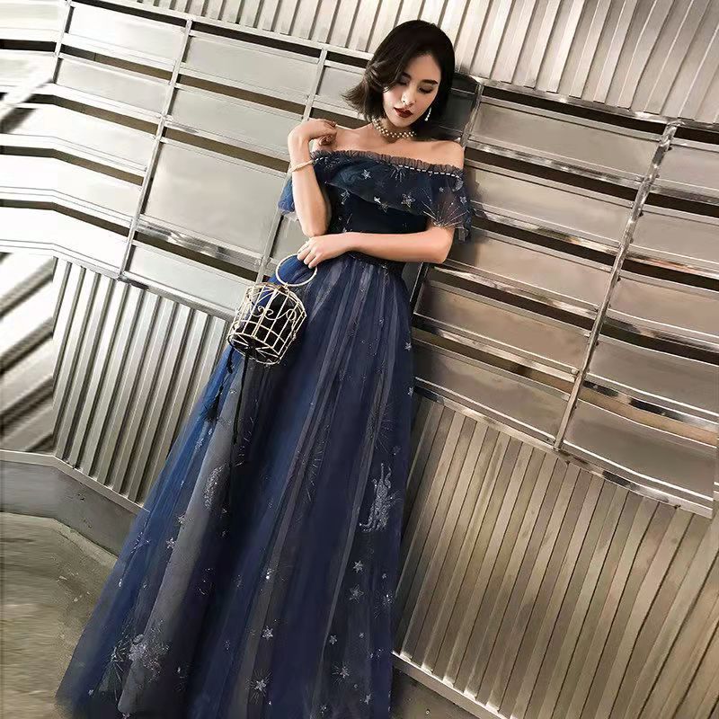 ロングドレス ネイビー オフショルダー 星柄 パーティードレス ウェディングドレス ウエディングドレス 結婚式 二