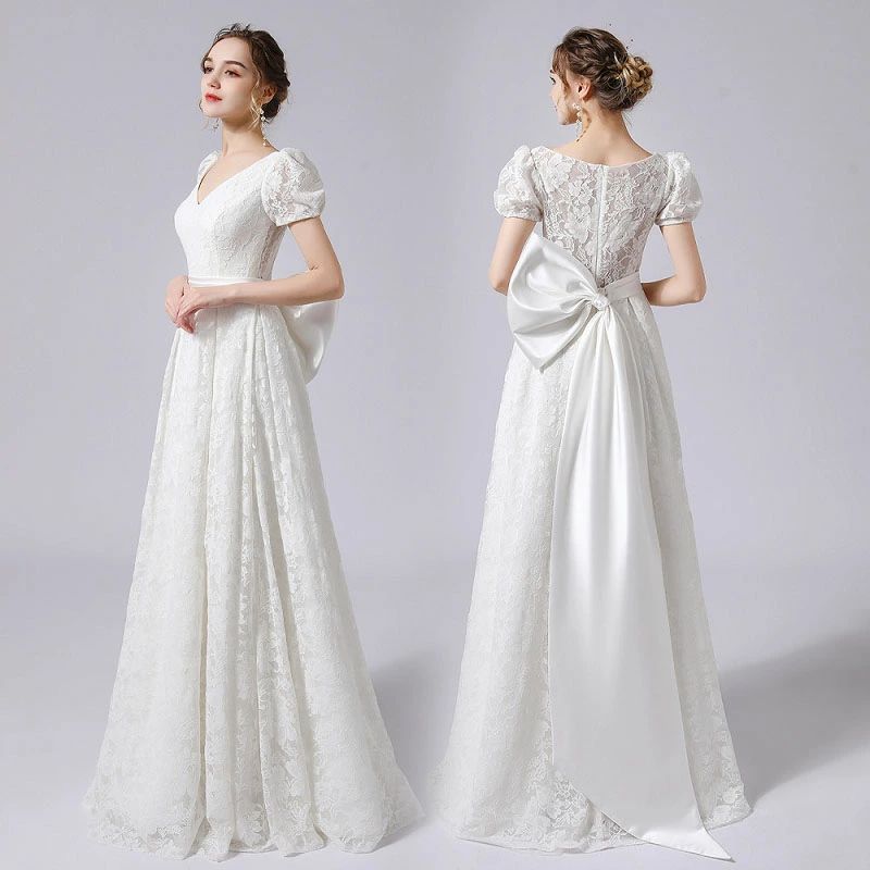 袖あり 結婚式 ロングドレス レース 高級感 Aラインドレス 二次会 花嫁 海外挙式ドレス wedding dress 蝶結